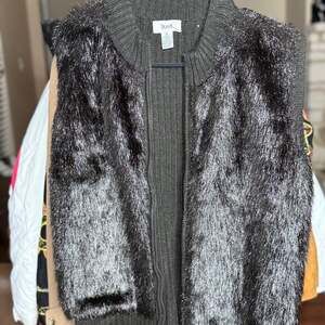 iKnit Black Shimmer Faux Fur Full Zip Cardigan Sweater XL